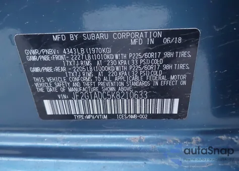 2019 Subaru Crosstrek 2.0I Premium z USA, uszkodzony, nr VIN JF2GTADC5K8210633